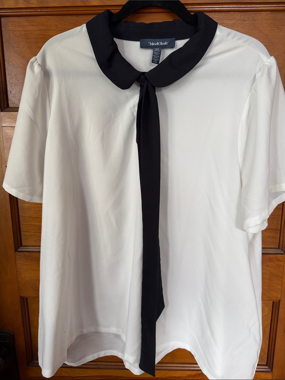Modcloth White Short-Sleeve Top with Black Tie Collar